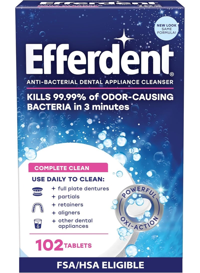 Efferdent Retainer Cleaning Tablets, Denture Cleanser Tablets for Dental Appliances, Complete Clean, 102 Tablets